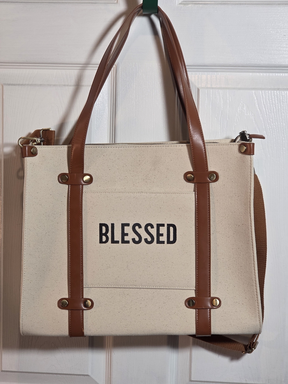 Antik Kraft Cream Canvas "BLESSED" Tote Bag with Crossbody Strap